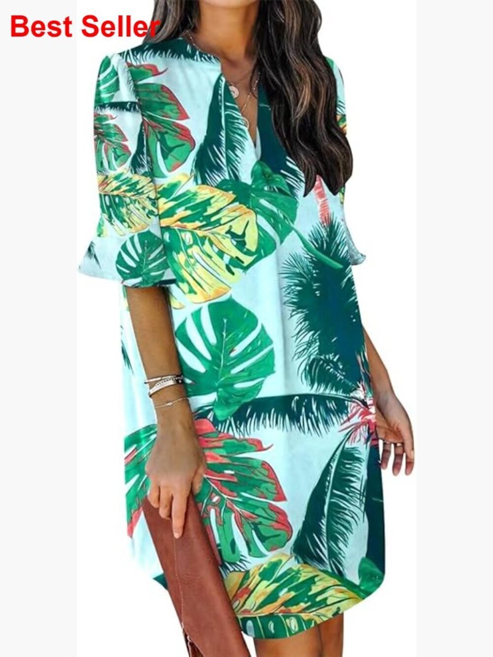 Polyester Shift Dress V-Neck Ruffle Short Sleeve Casual Summer